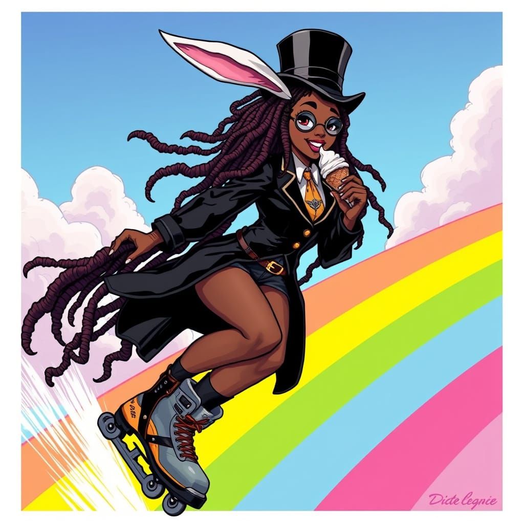 Gothic Steampunk Bunny Rollerblades on Rainbow