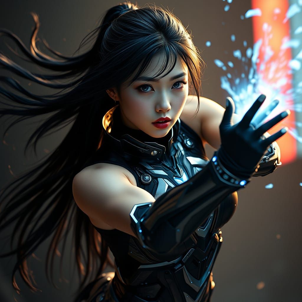 Cyberpunk Goddess Unleashes Blue Energy in Mid-Air