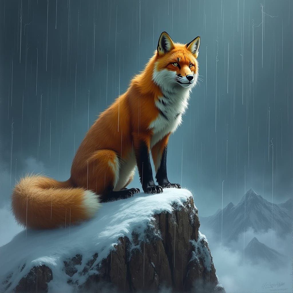 Majestic Fox-Tiger Hybrid on Mountain Peak in Storm