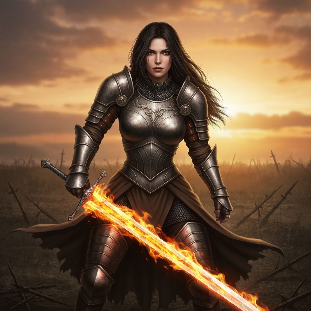Warrior with Flaming Sword in Sunset Battlefield