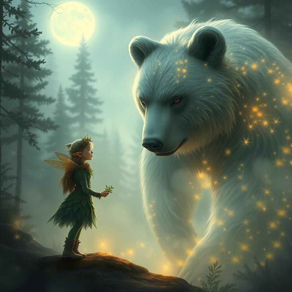 Enchanted Elf and Luminous Bear in Mystic Forest