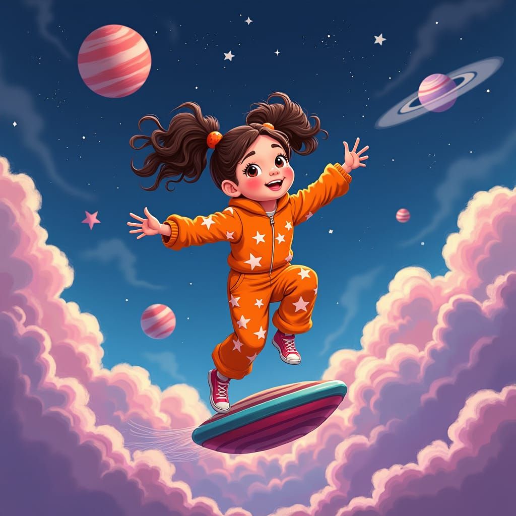 Girl on Space Hopper in Whimsical Galaxy
