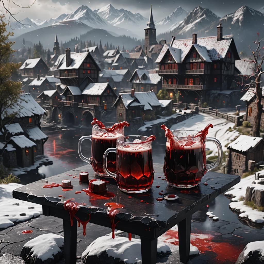 Jugs of Red Beer with Snowy Village Backdrop