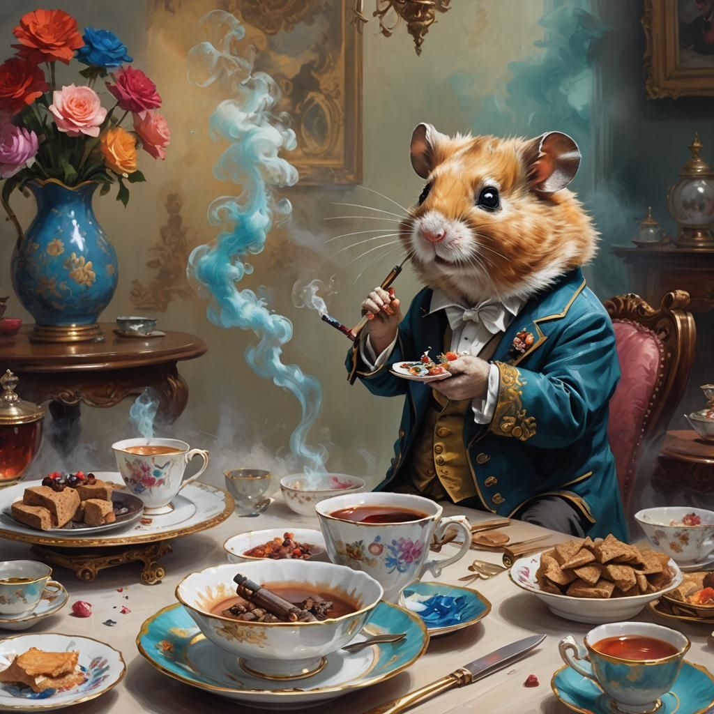 Afternoon tea, with a little hamster smoking at his dining table.