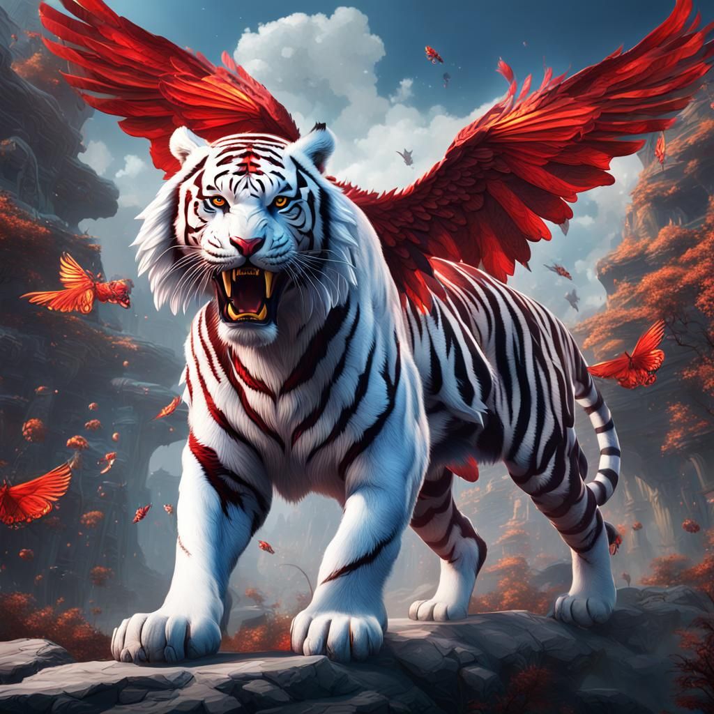Winged Tiger with Red Bull in Detailed Matte Painting