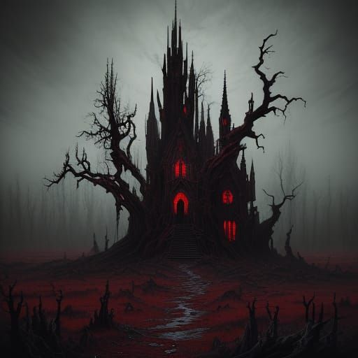 Dark Surrealist Landscape with Gothic Spires and Twisted Tre...