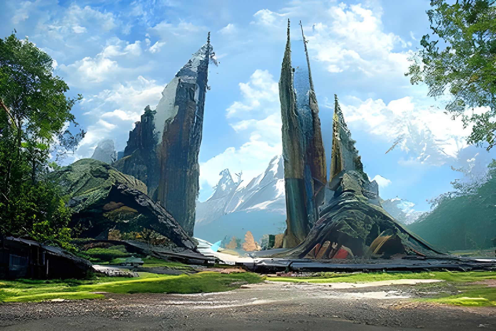 Surreal Landscape with Rainbow and Structures