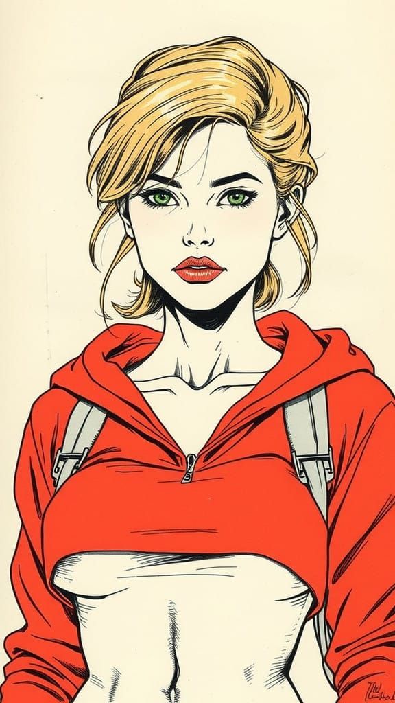 Young Woman in Marvel Comics Style Comic Art Ink Drawing