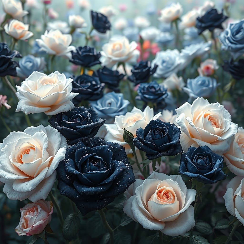 White, Black, and Blue Roses Garden in Ethereal Light