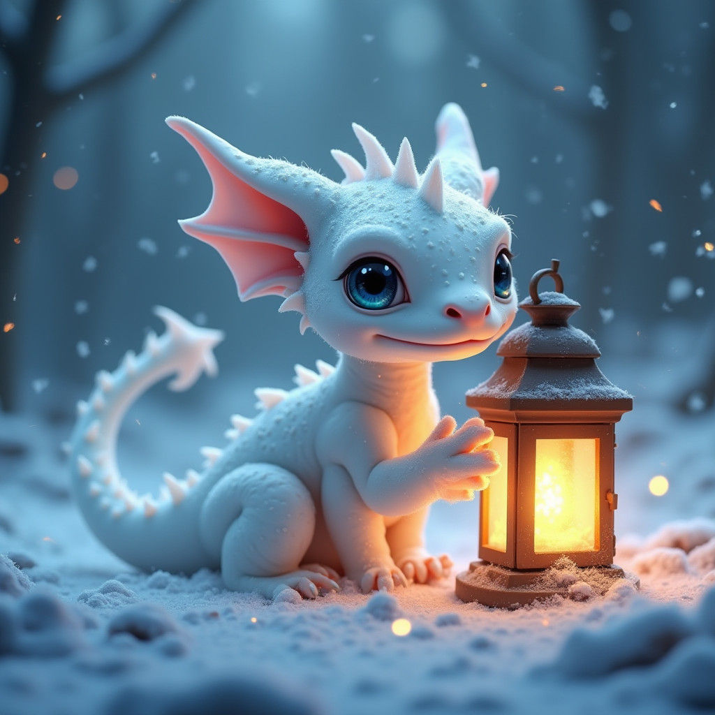 Adorable Baby Dragon in Snowstorm, Digital Matte Painting