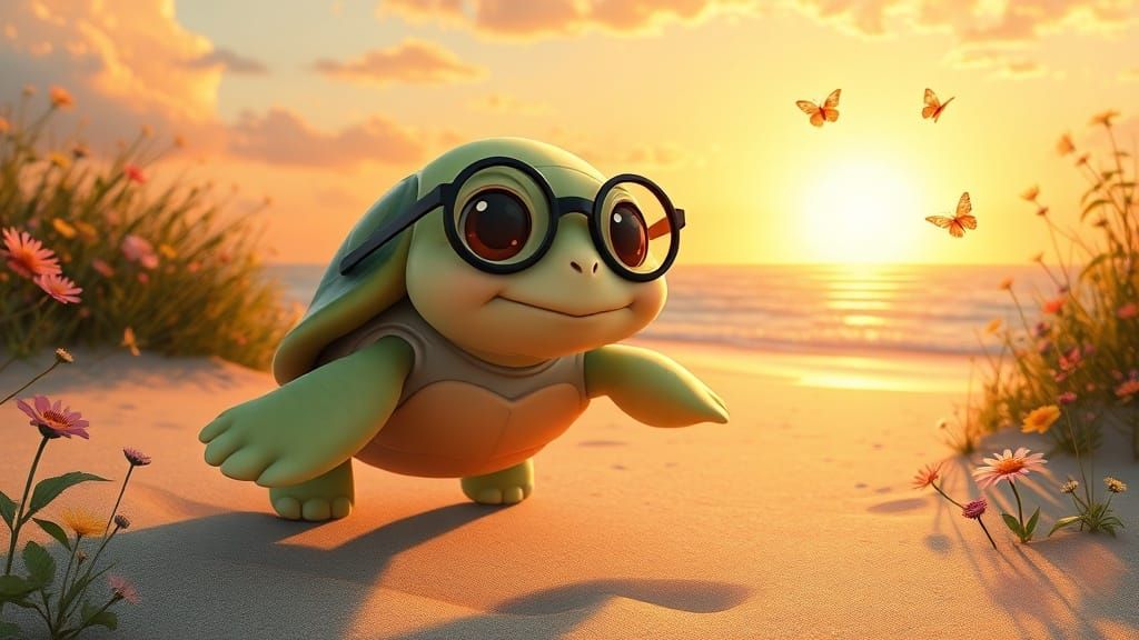 Turtle Runs to School at Sunset: Photorealistic Style