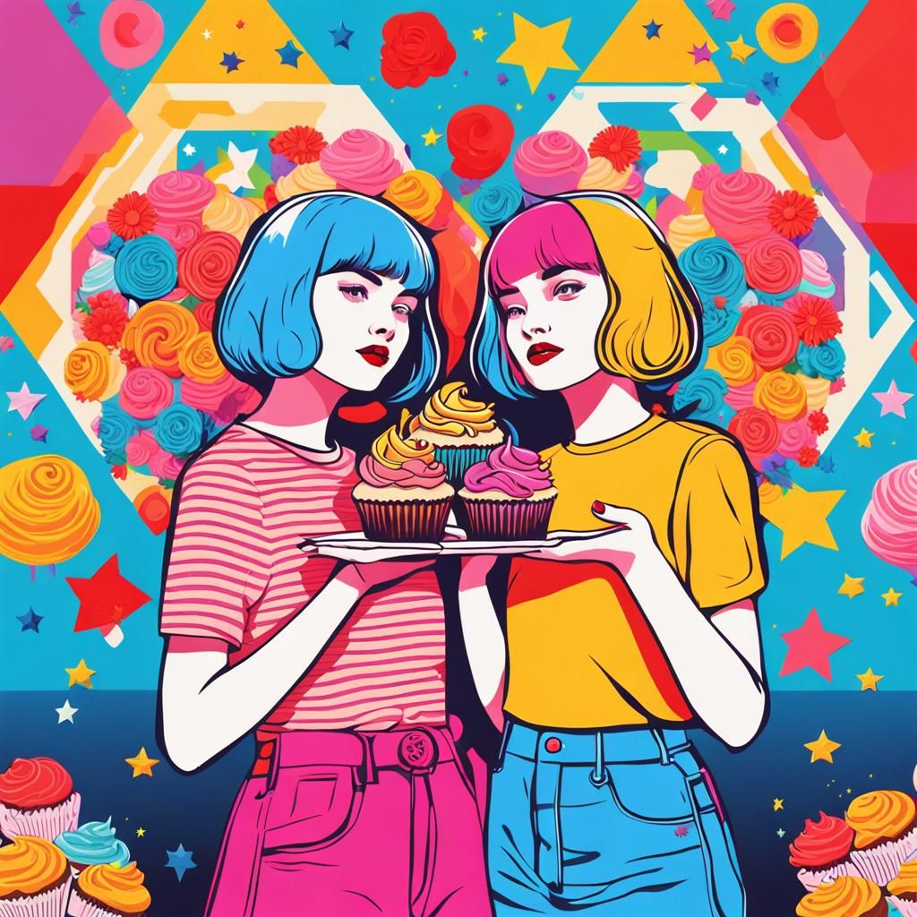 Girls Holding Hands in Pop Art Style