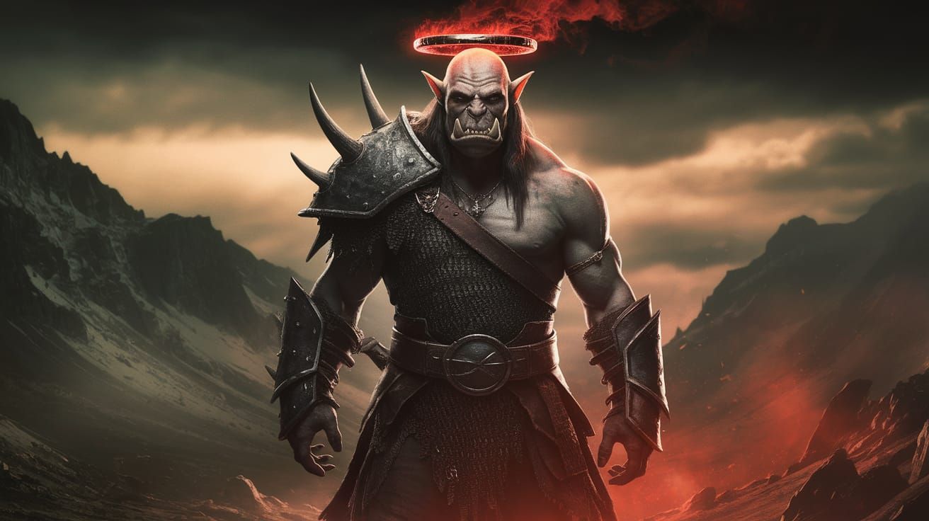 Dark Fantasy Orc Warrior in Fiery Red Crown, Set Against Mys...