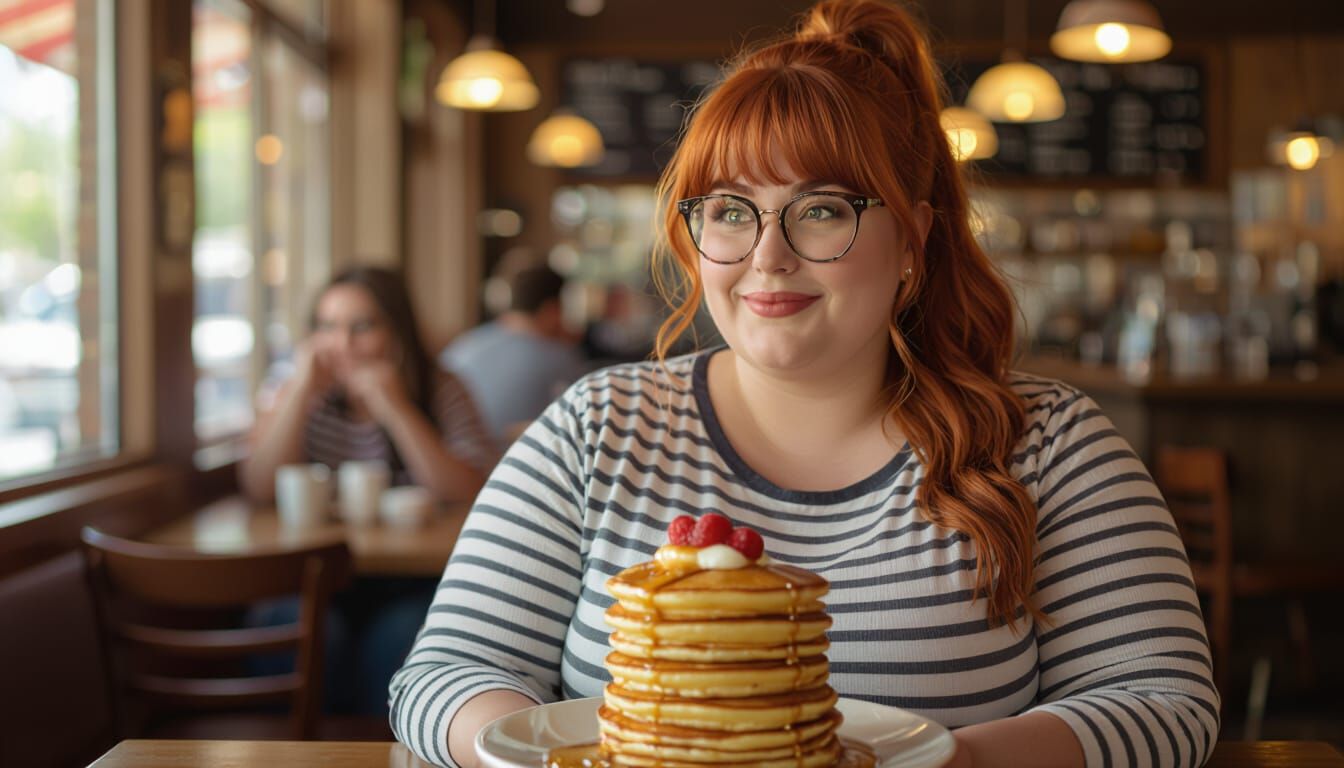 Redhead Woman Smiling at Pancakes, Cinematic Photo