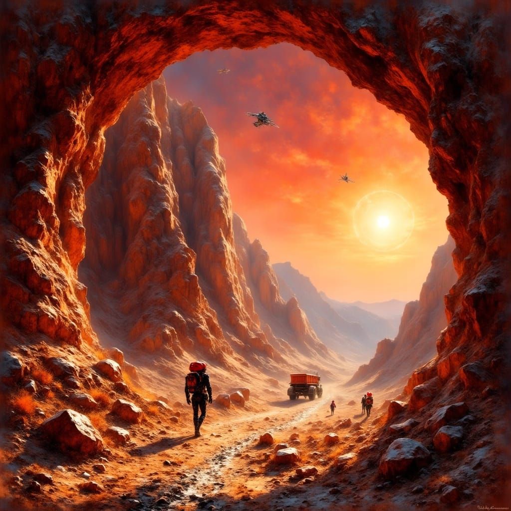 Martian Mining Site With Robots and Red Sky