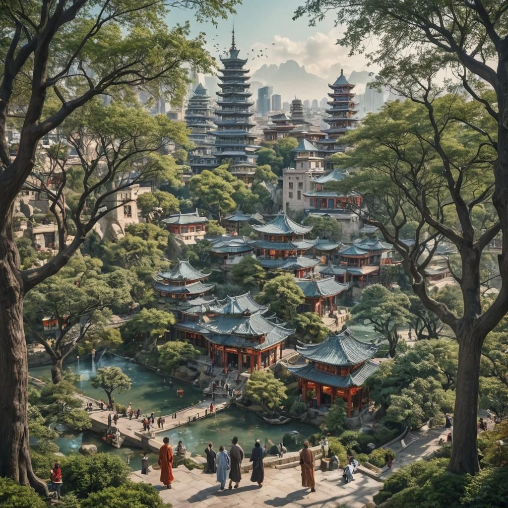 Magnetic Oriental Cityscape with People and Trees