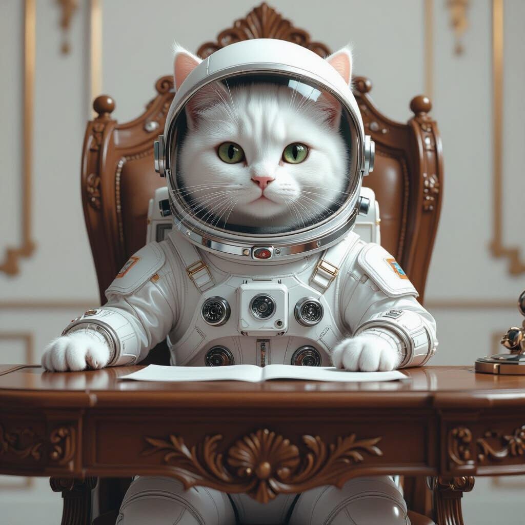Cat in Spacesuit at Ornate Desk, in Syd Mead Style