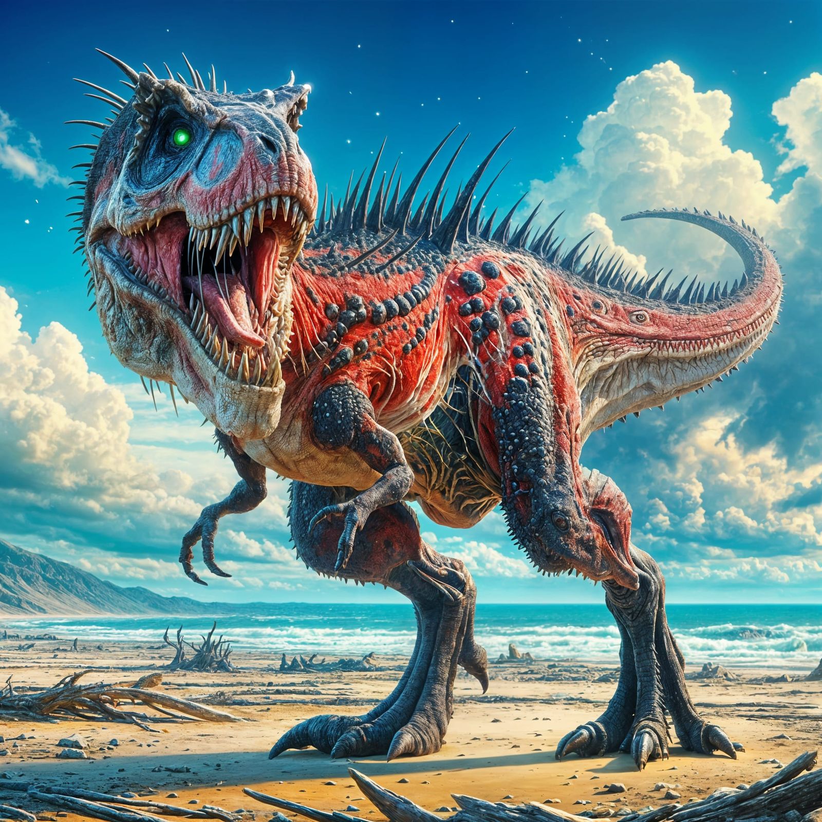 Menacing Mutated T-Rex Roaring on a Beach