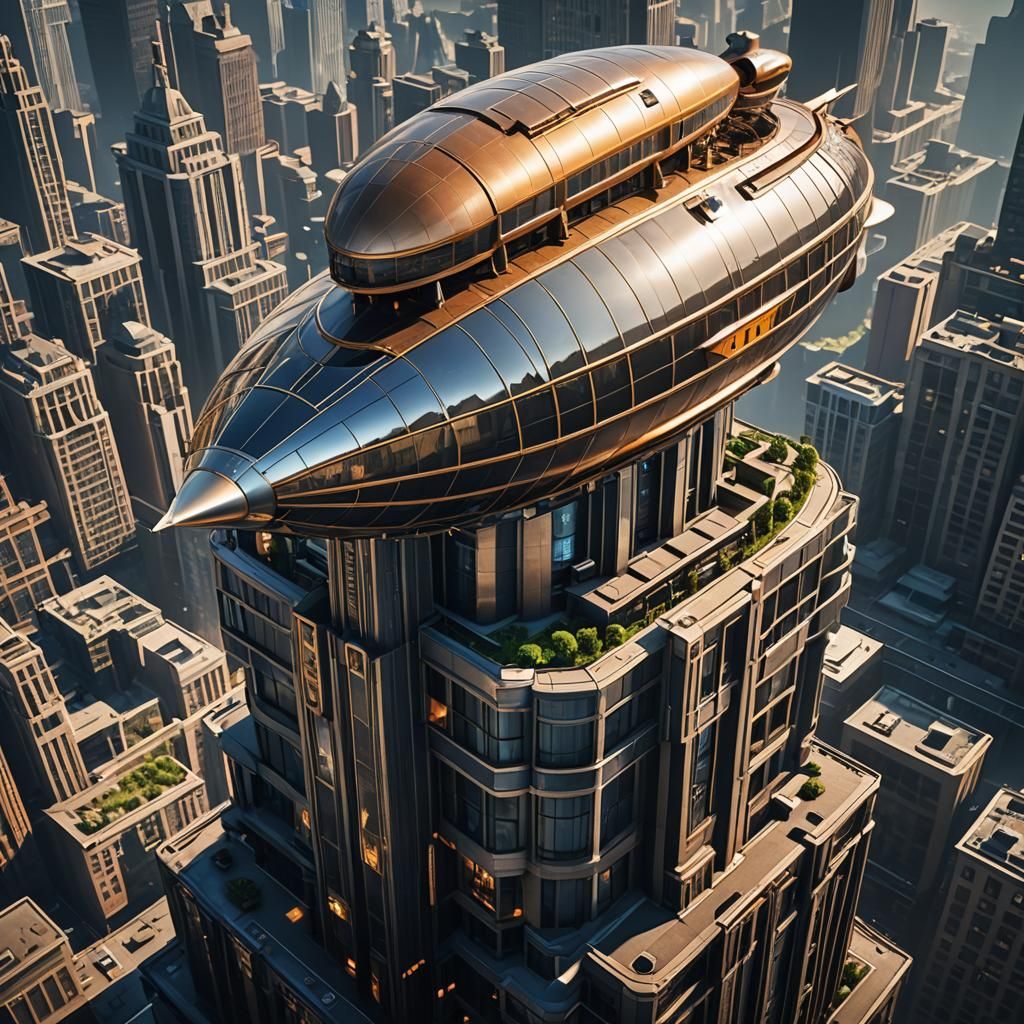 Art Deco Skyscraper with Zeppelin in 3D
