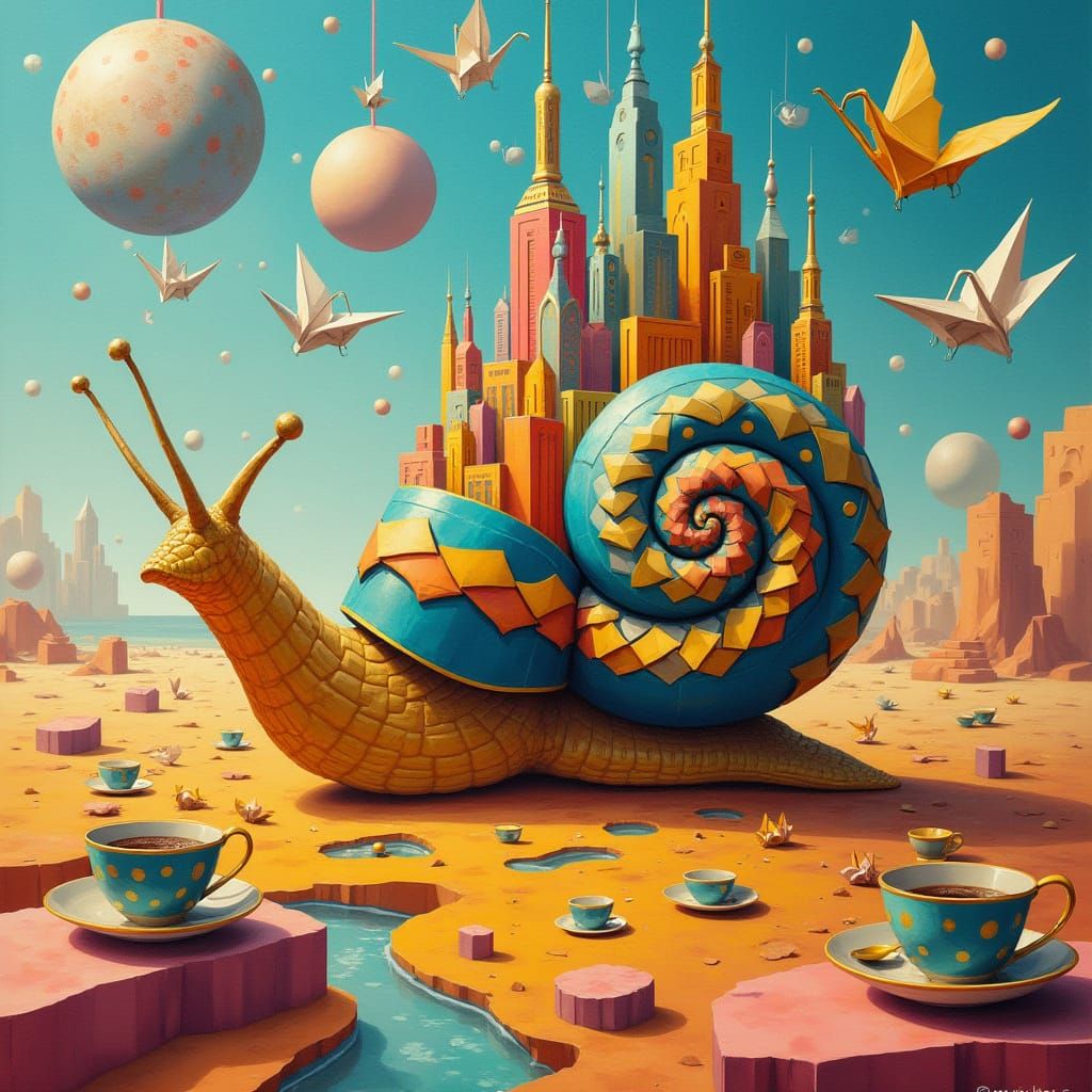 Surreal Snail City in Cubist Art Deco Style