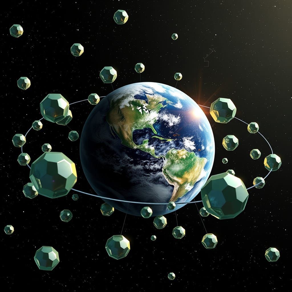 Reflective Polyhedra Orbiting Earth in Futuristic Style