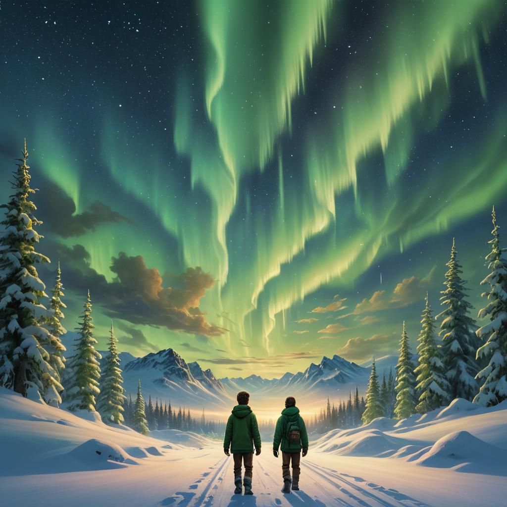 Boy Gazing at Aurora Borealis in Snowy Landscape