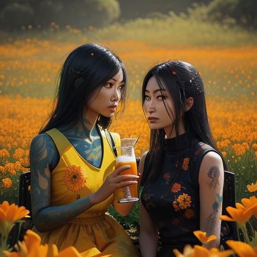 Two Alien Women Enjoying a Beer in Flower Field