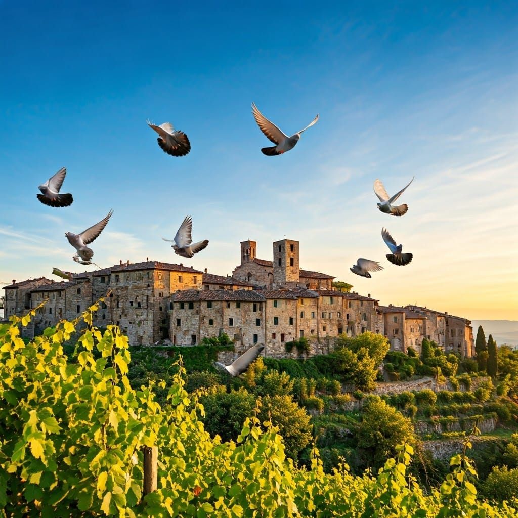 Turtle Doves Soar Over Ancient Italian Village