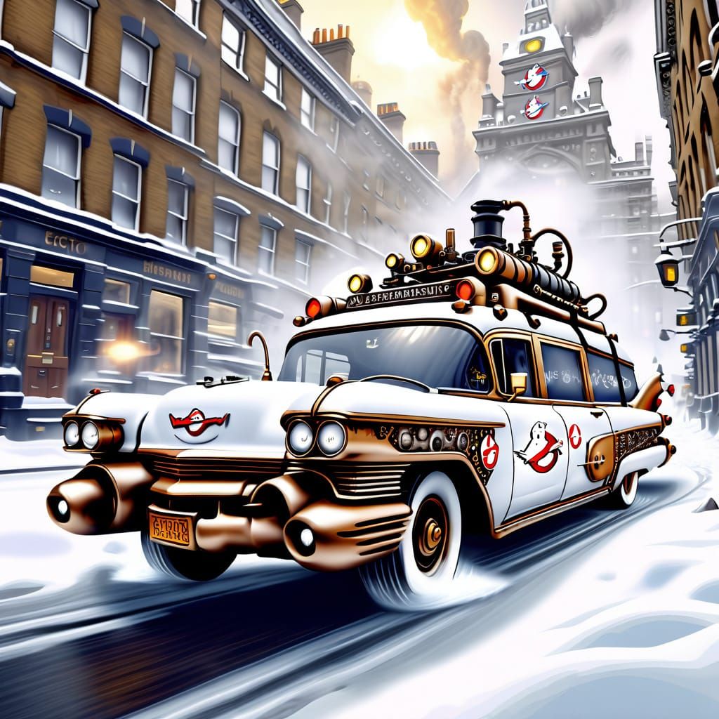 Steampunk Ecto-1 Drives Snowy London Street