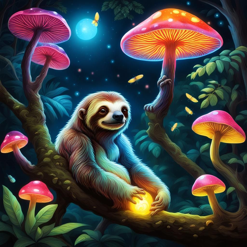 Sloth Resting in Bioluminescent Rainforest