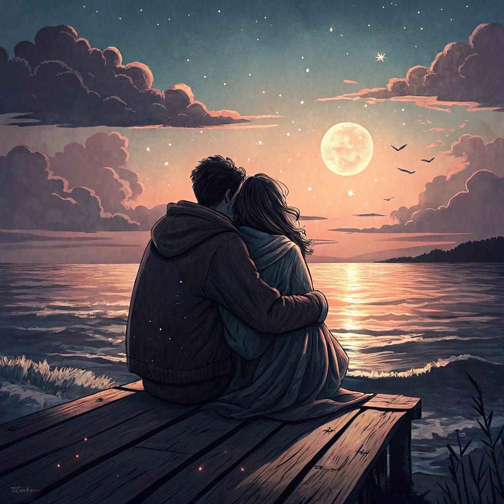 Romantic Summer Night Watercolor Painting of Couple