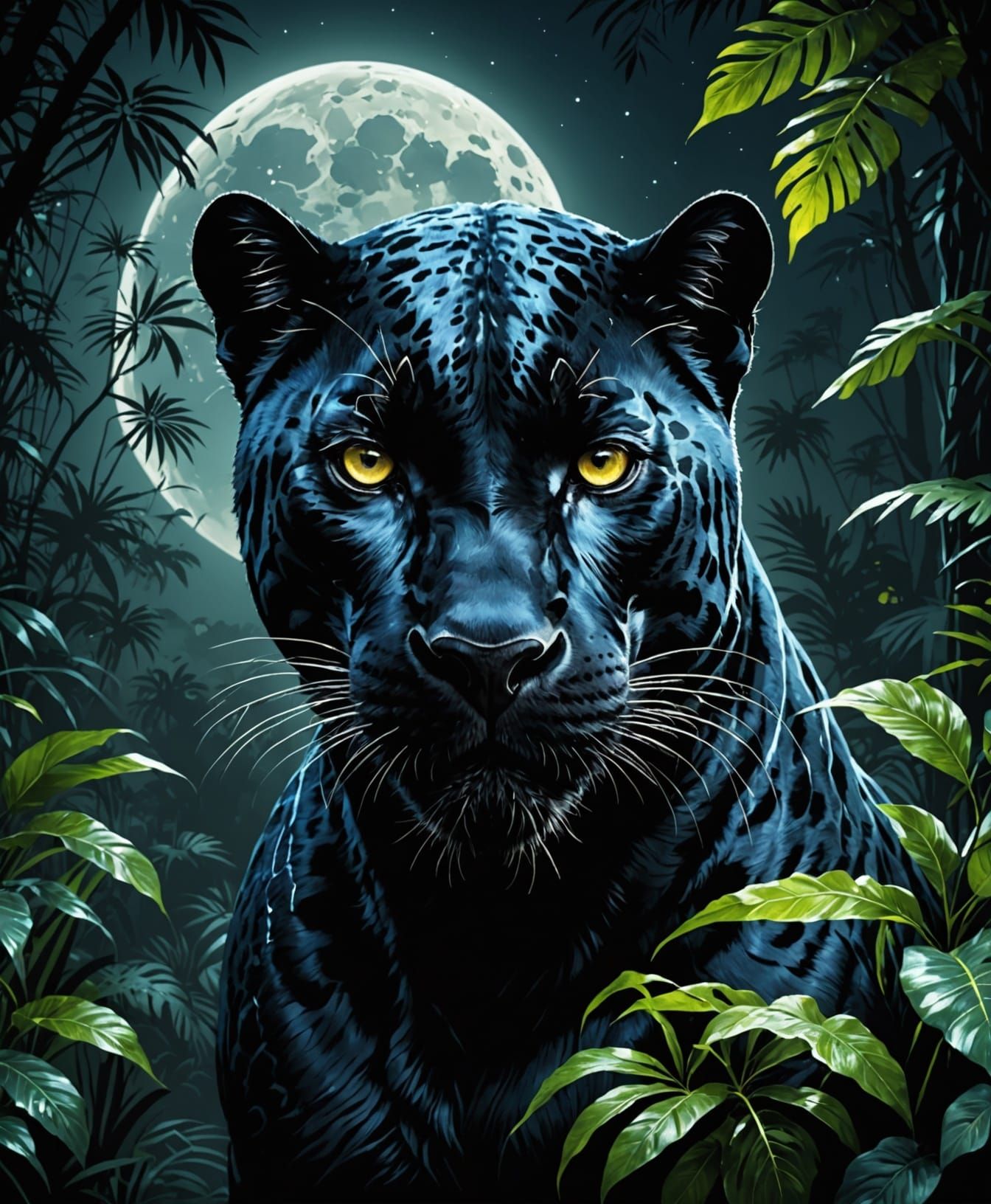 Mysterious Black Panther in Moonlit Jungle