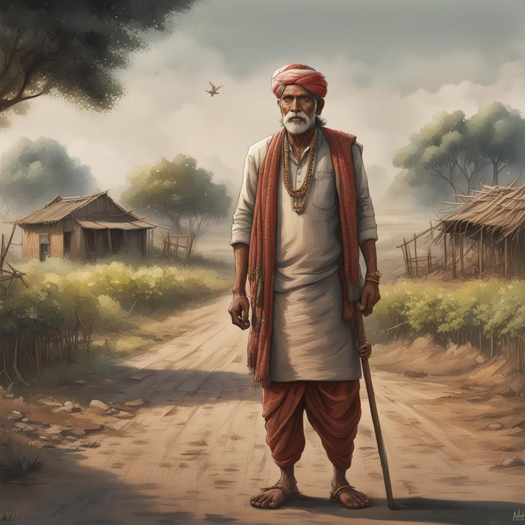 Indian Man at Crossroads: Detailed Pencil Sketch