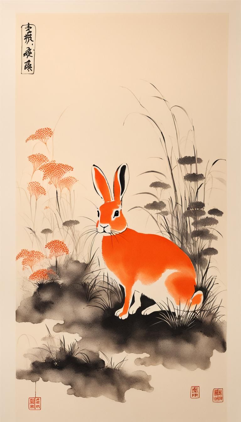 Minimalist Chinese Ink Painting of a Tiny Rabbit
