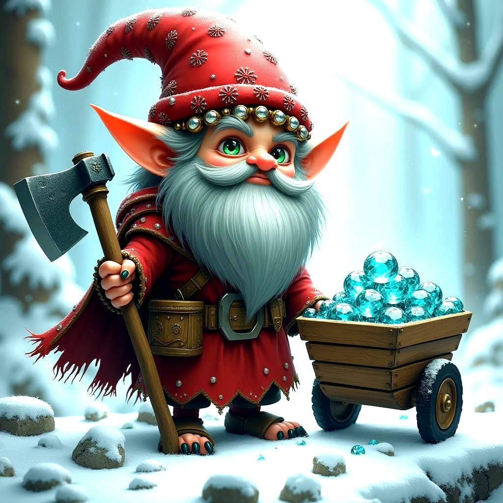 Mystical Gray Elf Miner in Vibrant Red and Green