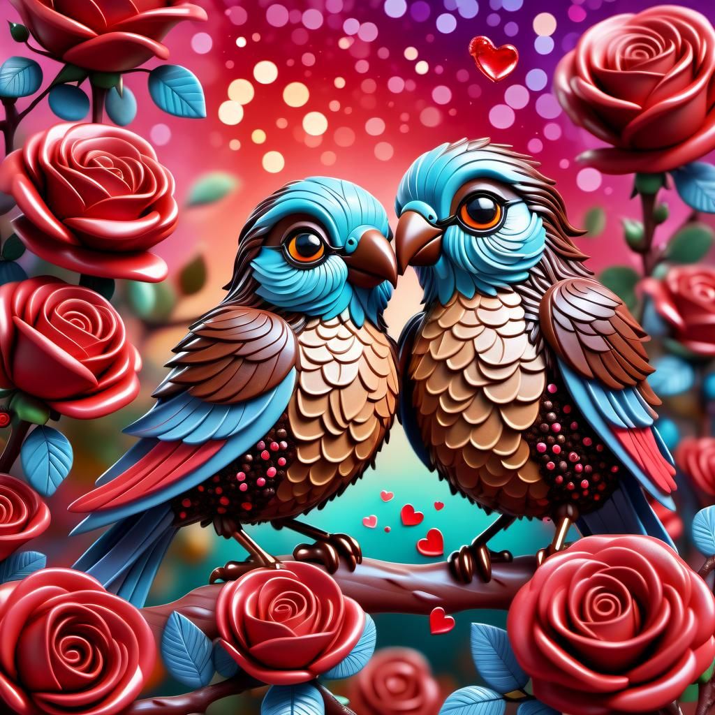 Chocolate Chip Lovebirds on Rose Bush