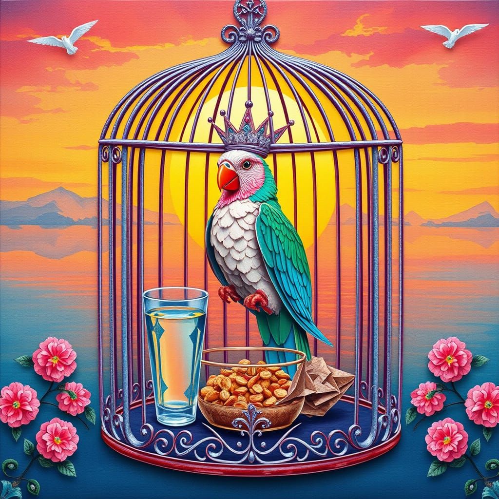 Ethereal Bird in Regal Gouache Cage