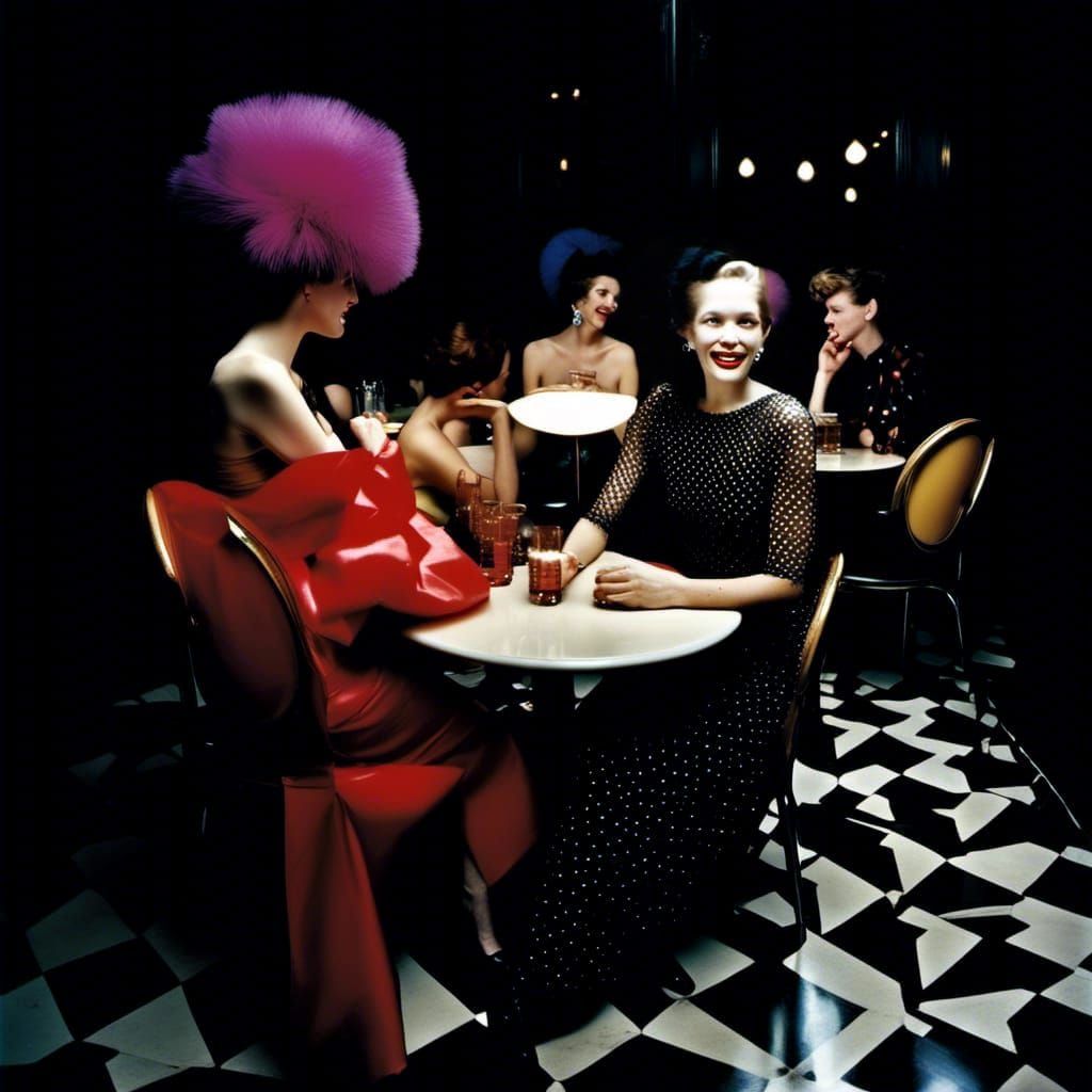 Modern Couture Women Enjoying Tea in Cafe