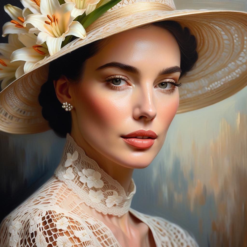 Elegant Woman with Lacy Hat in Romantic Realism Style