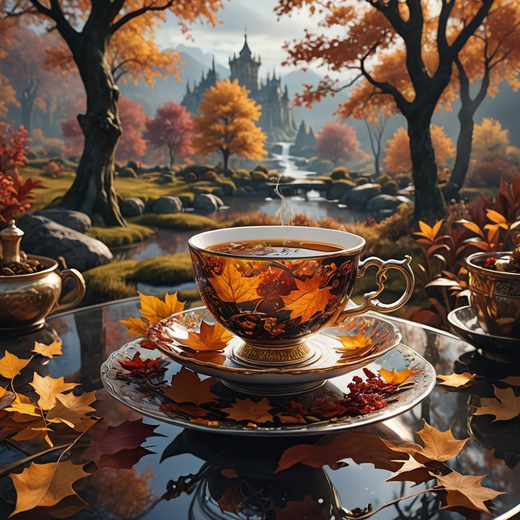 Autumn Landscape Reflected in Decorative Teacup