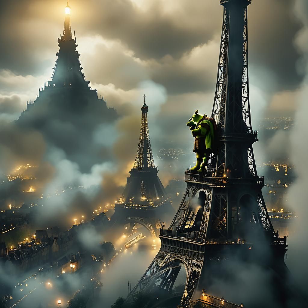 Shrek on Eiffel Tower in Cinematic Realism