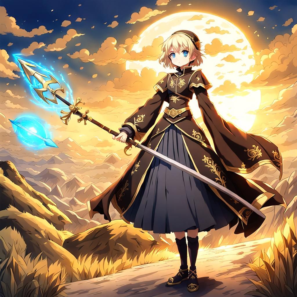 Anime Spellcaster with Golden Spear Under Golden Sky