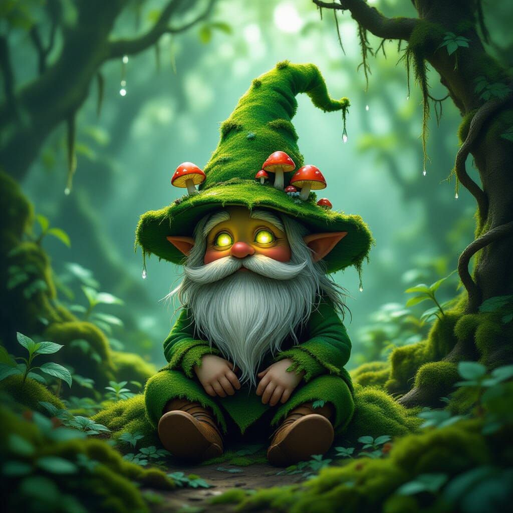 Mossy Gnome in Misty Grotto, Dark Fantasy Art