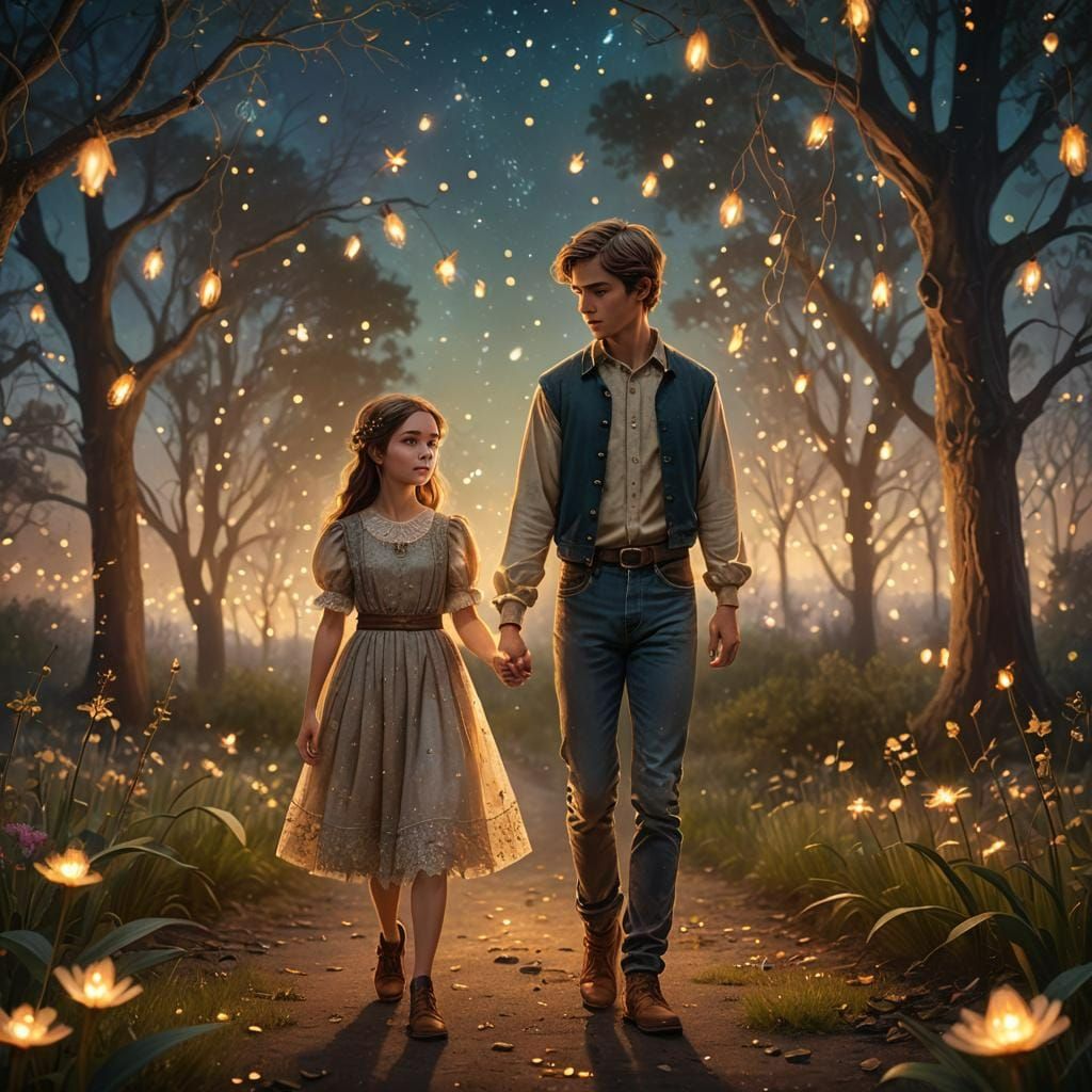 Girl and Boy Holding Hands at Night