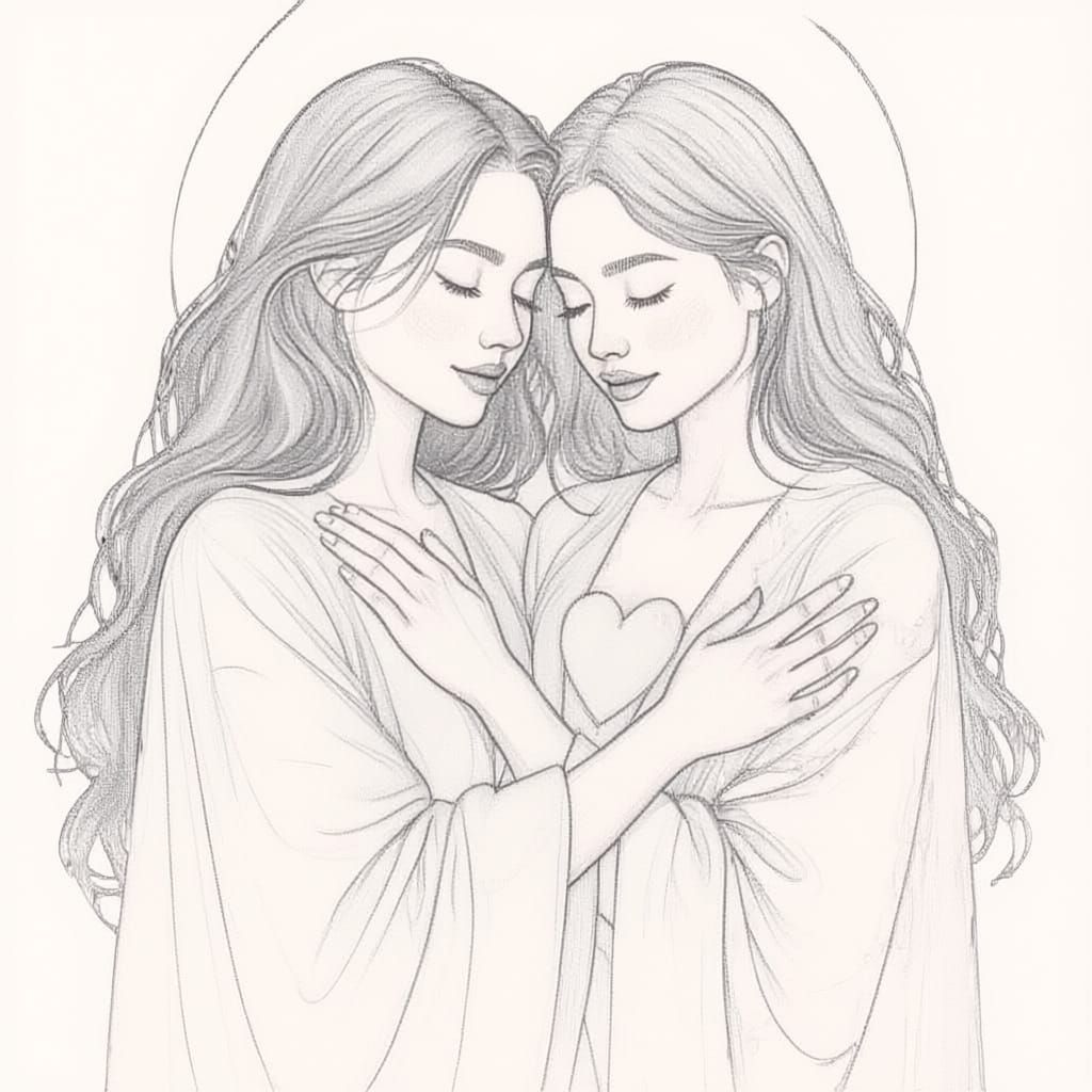 Serene Figure Embracing Reflection in Pencil Sketch