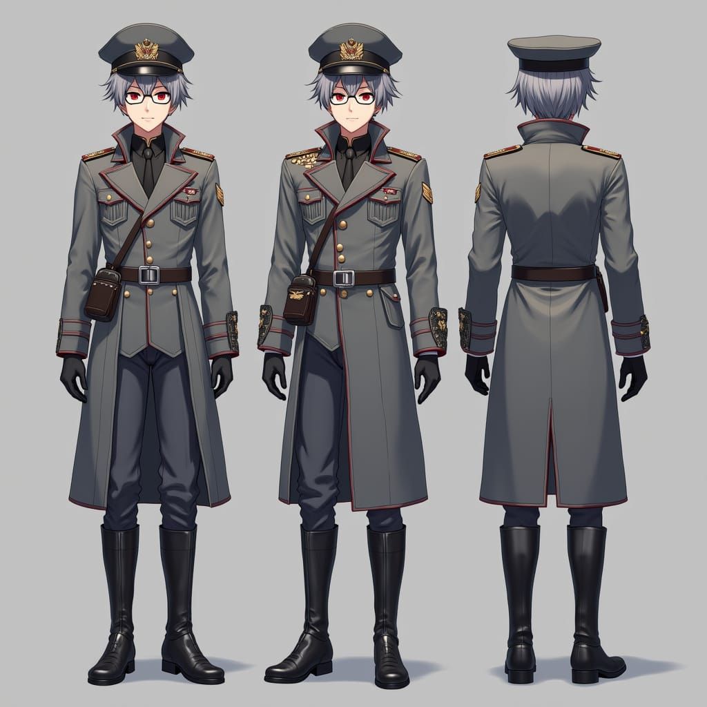 Anime Style Officer with Red Eyes and Trench Coat