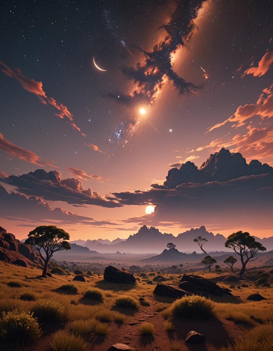 Ringed Planet Night Sky in Australian Tonalism