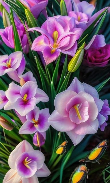 Lily Flowers in Fantasy Garden: Hyperrealistic Whimsical Pai...