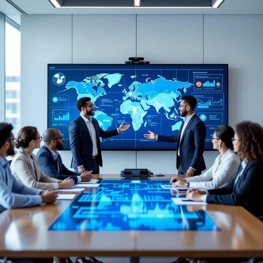 Diverse Professionals Collaborate Around Global Data Map