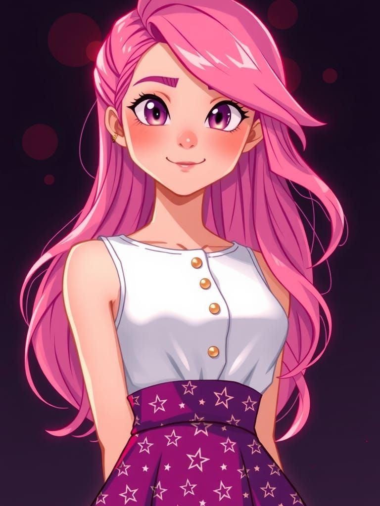 Fluorescent Pink Hair Digital Illustration of Young Woman